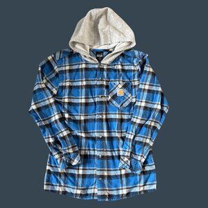 Carhartt Kids Flannel Hoodie Blue Plaid Long Sleeve Button-Up Shirt Size XL Cott